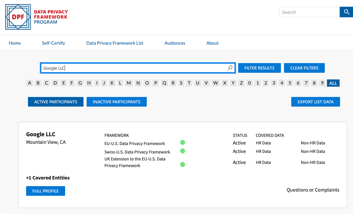 Google w programie Data Privacy Framework