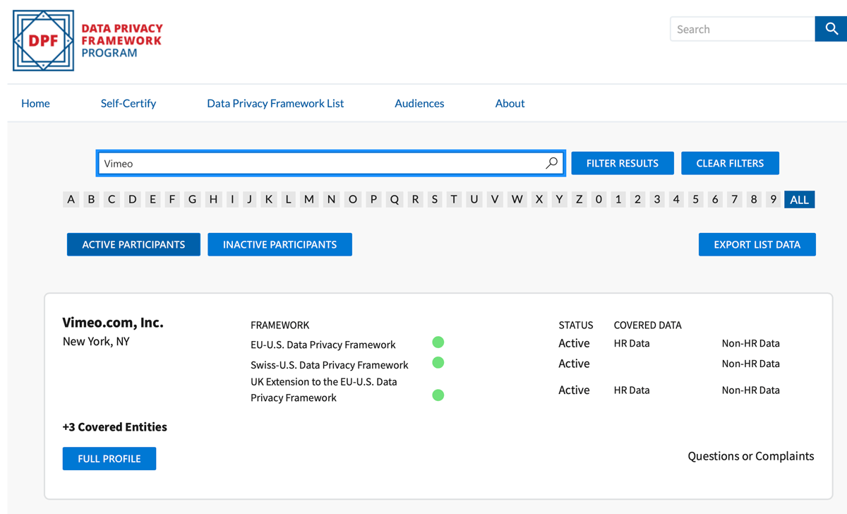 Vimeo w programie Data Privacy Framework